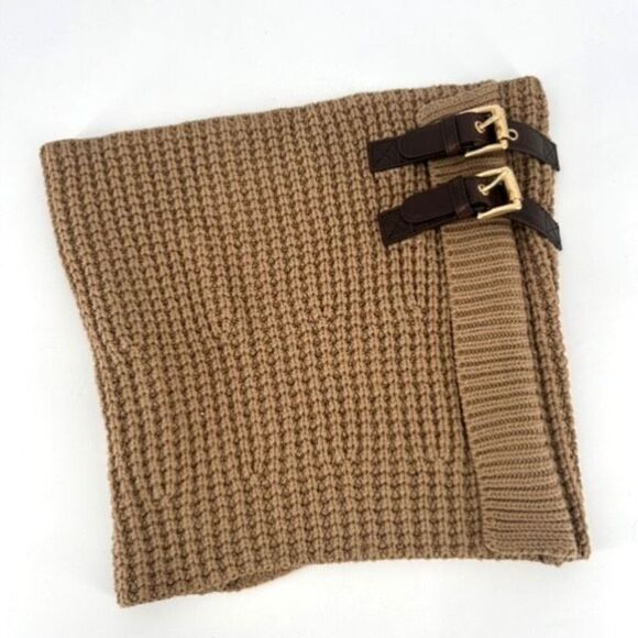 Michael Kors Leather Belted Waffle Stitch Neckwarmer Scarf Almond Tan infinity - Picture 1 of 8